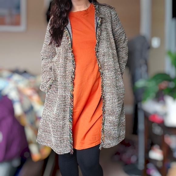 Zara Textured Tweed Long Cardigan Size Large Colorful Fringe Pockets - Picture 1 of 14